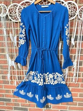 Roller Rabbit Blue Dress with Cream Floral Embroidery